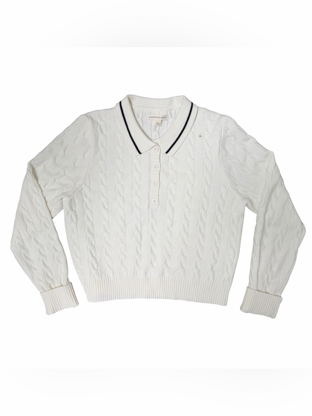 Aeropostale White Cable-Knit Polo Sweater with Black-Trim Collar